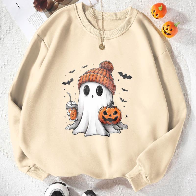 Ghosts Pumpkin Bat Print Loose Casual Sweatshirt  |   Sweatshirts & Hoodies Clothing Apricot