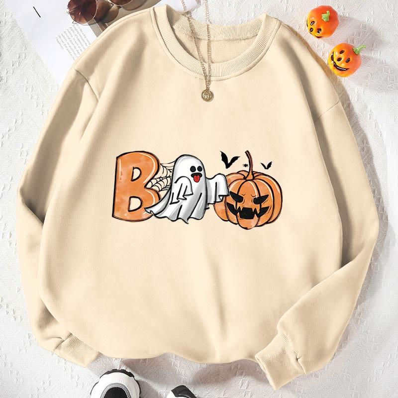 Ghosts Pumpkin Letter Print Loose Casual Sweatshirt  |   Sweatshirts & Hoodies Clothing Apricot