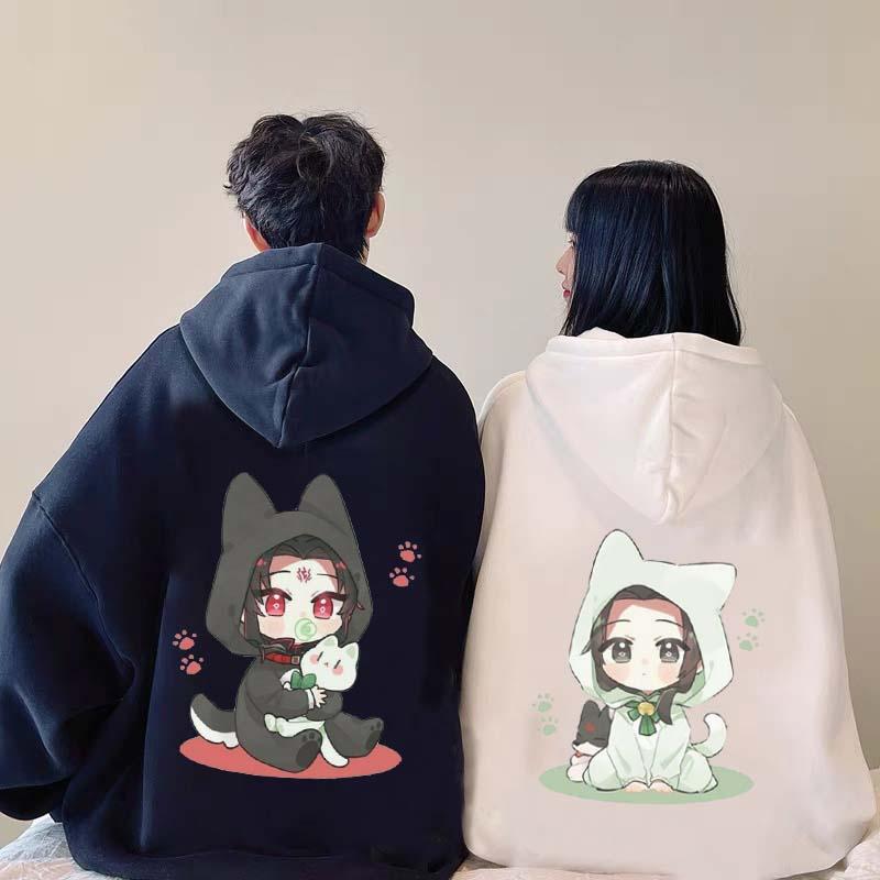 Girlfriend Boyfriend Anime Kitty Print Plush Hoodie  |   Sweatshirts & Hoodies Clothing Black