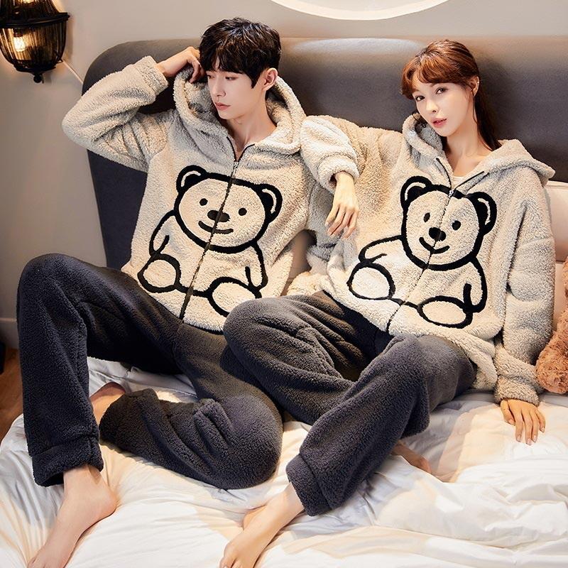 Girlfriend Boyfriend Bear Plush Zipper Pajamas  |   Pajamas Clothing Black Man Set