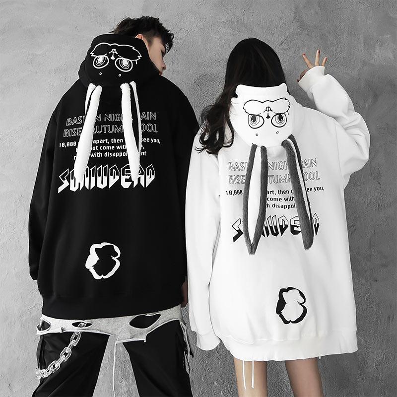 Girlfriend Boyfriend Bunny Ears Letter Print Hooded Sweatshirt  |   Sweatshirts & Hoodies Clothing Black