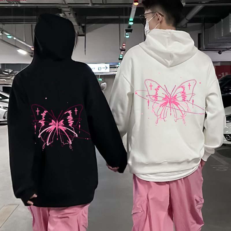 Girlfriend Boyfriend Butterfly Print Plush Hoodie  |   Sweatshirts & Hoodies Clothing Black