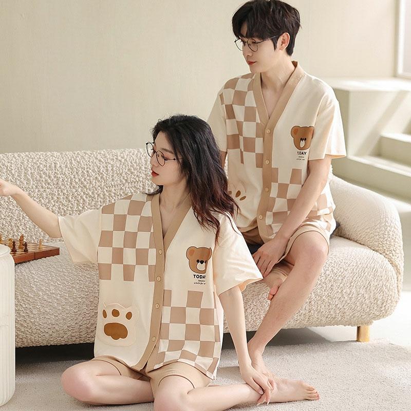 Girlfriend Boyfriend Cartoon Bear Print Lattice Pajamas Set  |   Pajamas Clothing Pajamas