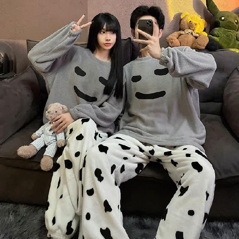 Girlfriend Boyfriend Cartoon Emoji Bear Stripe Print Plush Pajamas Set  |   Pajamas Clothing A(Men)