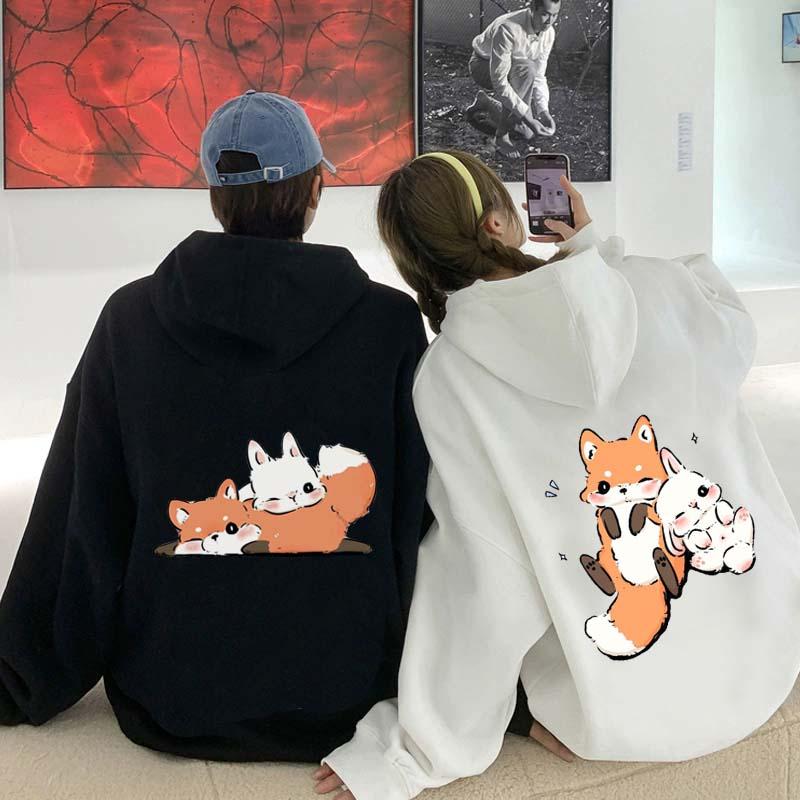 Girlfriend Boyfriend Cartoon Fox Bunny Print Loose Hoodie  |   Sweatshirts & Hoodies Clothing Black