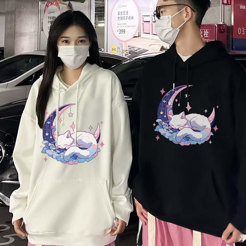 Girlfriend Boyfriend Cartoon Fox Moon Print Plush Hoodie  |   Sweatshirts & Hoodies Clothing Black