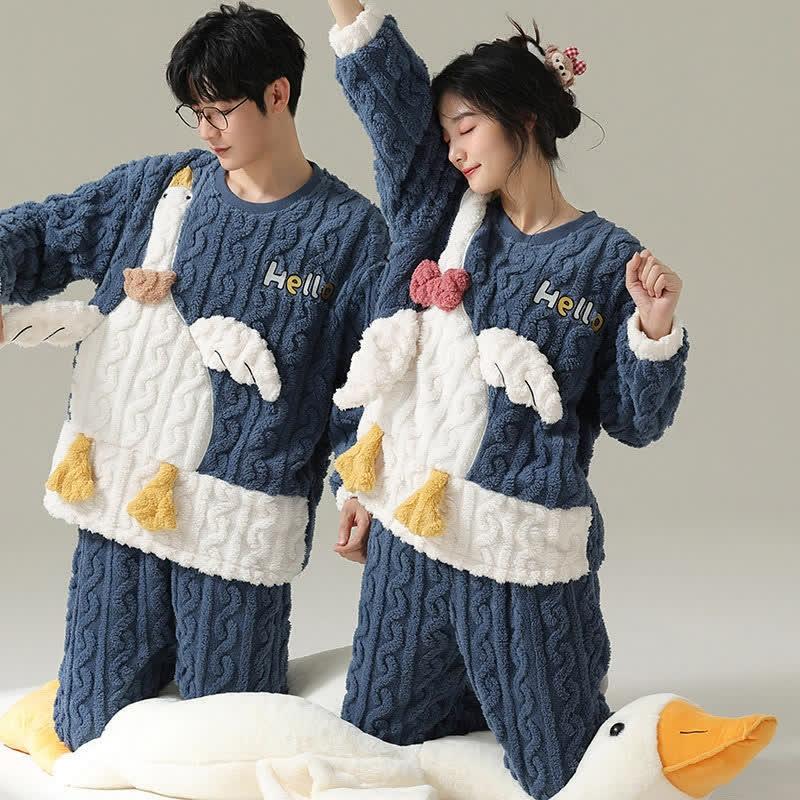 Girlfriend Boyfriend Cartoon Goose Bear Print Plush Pajamas Set  |   Pajamas Clothing A(Men)