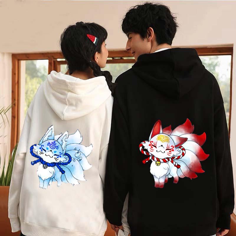 Girlfriend Boyfriend Cartoon Nine-Tailed Fox Print Plush Hoodie  |   Sweatshirts & Hoodies Clothing Black