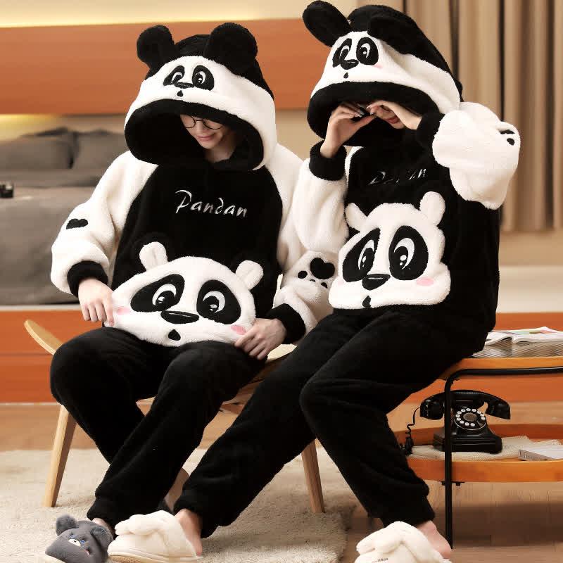 Girlfriend Boyfriend Cartoon Panda Letter Embroidery Plush Hooded Pajamas Set  |   Pajamas Clothing Black(Men)