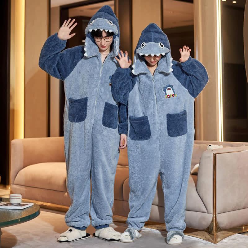 Girlfriend Boyfriend Cartoon Shark Embroidery Zipper Plush Hooded Jumpsuit Pajamas  |   Pajamas Clothing BLue(Man)