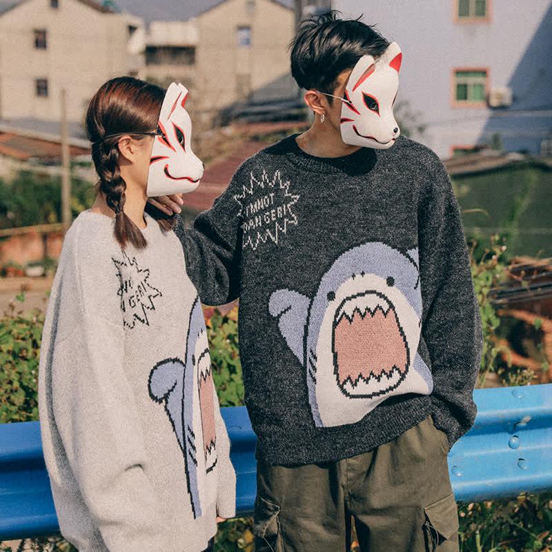 Girlfriend Boyfriend Cartoon Shark Letter Oversized Sweater  |   Sweater Clothing Black A