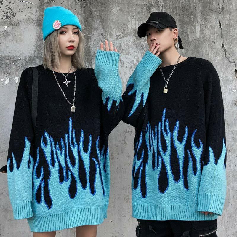 Girlfriend Boyfriend Colorblock Flame Print Sweater  |   Sweater Clothing Blue