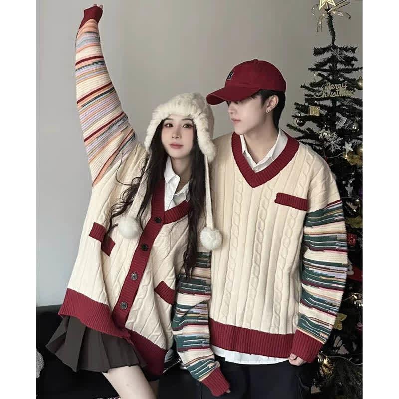 Girlfriend Boyfriend Colorblock Stripe Sleeve Knit Sweater  |   Sweater Clothing Apricot(Men)