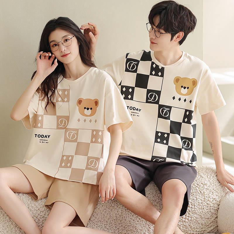 Girlfriend Boyfriend Cotton Bear Plaid Print T-Shirt Shorts Pajamas Set  |   Pajamas Clothing Men