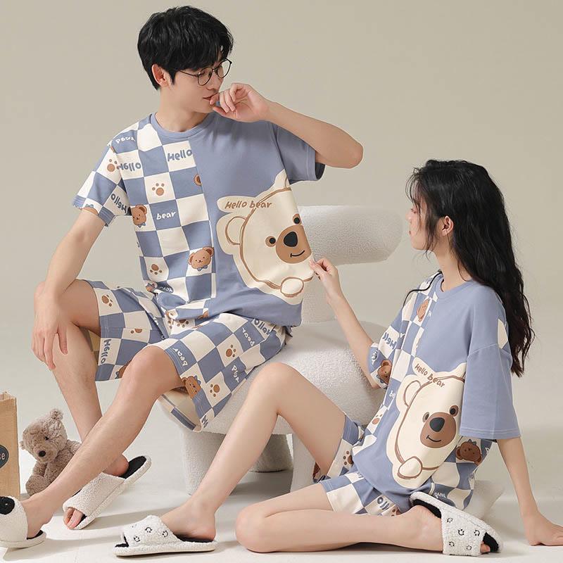 Girlfriend Boyfriend Cotton Blue Plaid Bear Print T-Shirt Shorts Pajamas Set  |   Pajamas Clothing Men