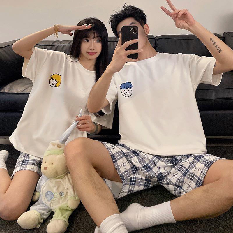 Girlfriend Boyfriend Cotton Cartoon Print T-Shirt Plaid Print Shorts Pajamas Set  |   Pajamas Clothing Men