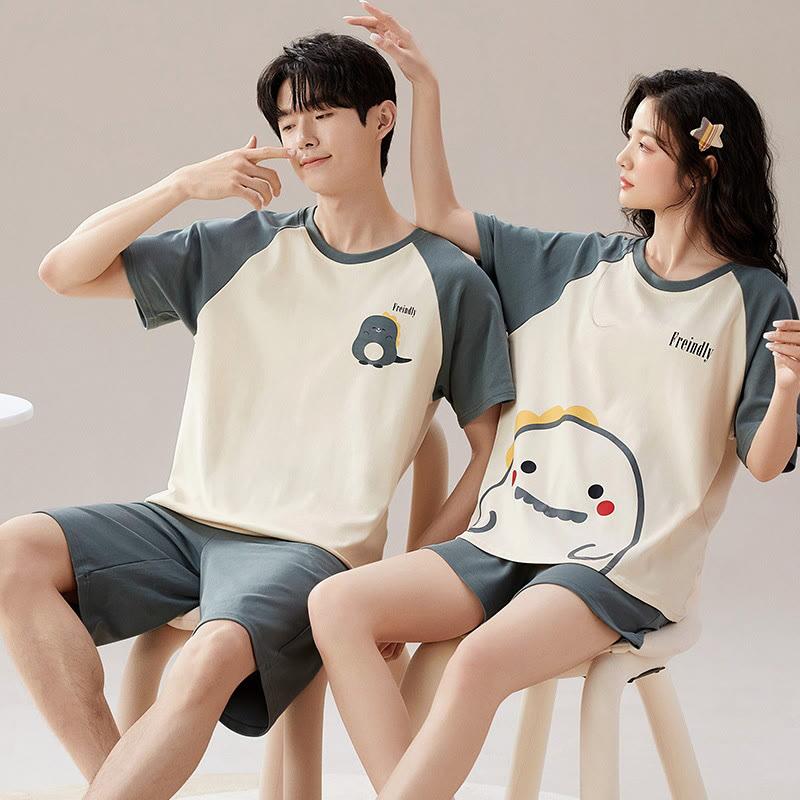 Girlfriend Boyfriend Cotton Color Block Cartoon Print T-Shirt Shorts Pajamas Set  |   Pajamas Clothing Men