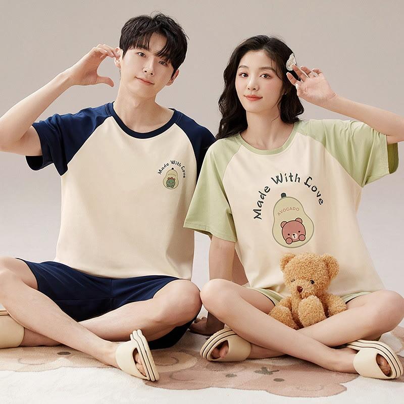 Girlfriend Boyfriend Cotton Color Block Letter Bear Print T-Shirt Shorts Pajamas Set  |   Pajamas Clothing Men