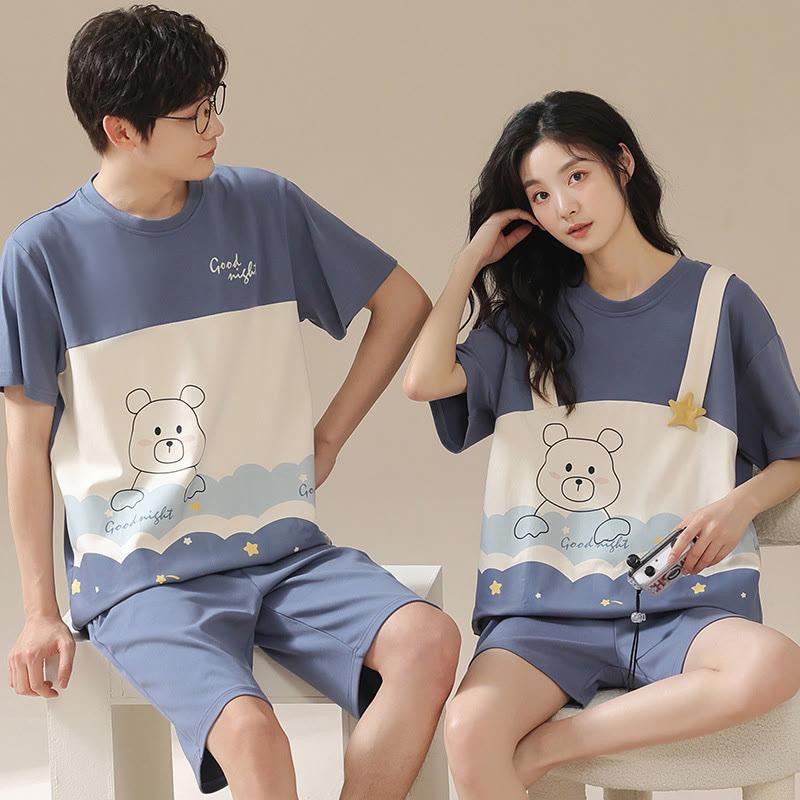 Girlfriend Boyfriend Cotton Color Block T-Shirt Shorts Pajamas Set  |   Pajamas Clothing Men