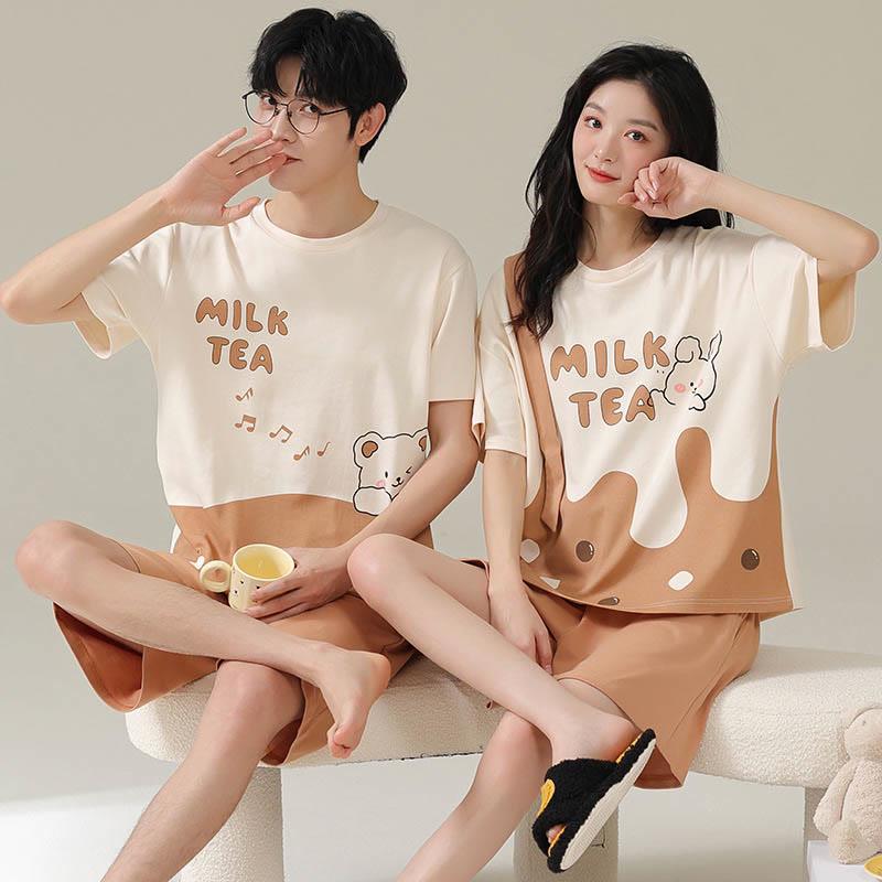 Girlfriend Boyfriend Cotton Color Block T-Shirt Shorts Pajamas Set  |   Pajamas Clothing Men