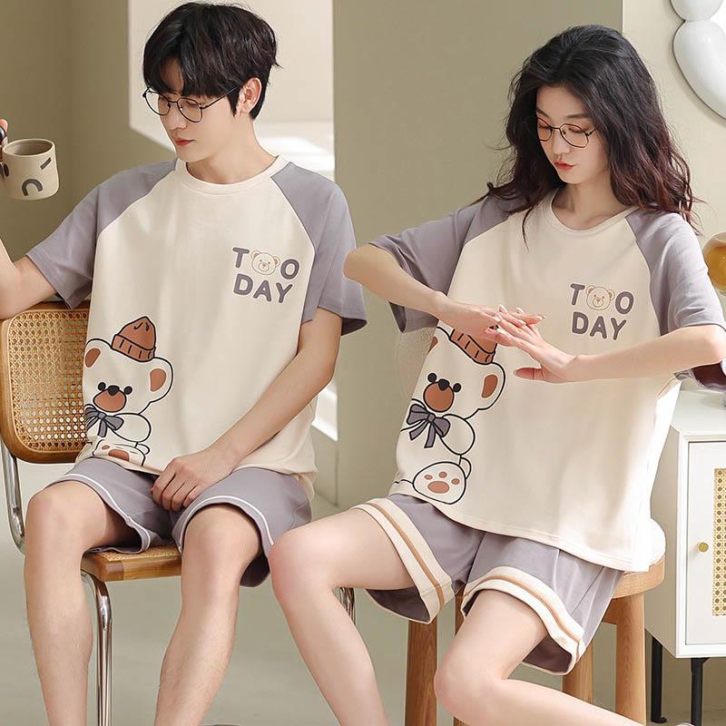 Girlfriend Boyfriend Cotton Color Block T-Shirt Shorts Pajamas Set  |   Pajamas Clothing Men