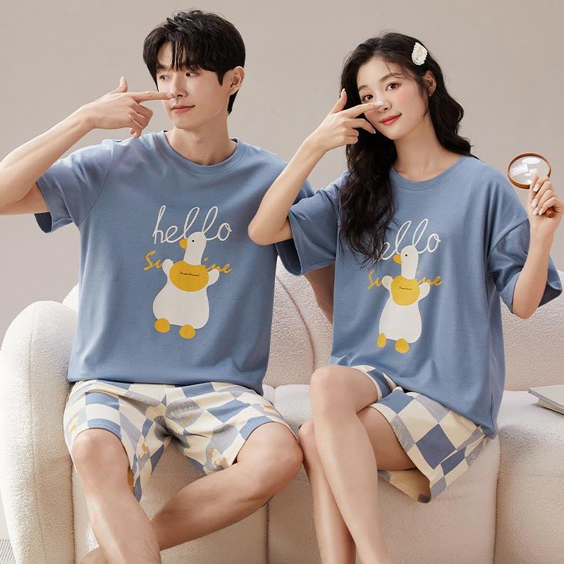 Girlfriend Boyfriend Cotton Duck Print T-Shirt Shorts Pajamas Set  |   Pajamas Clothing Men