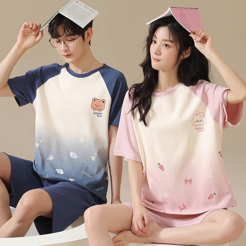 Girlfriend Boyfriend Cotton Gradient Color Print T-Shirt Shorts Pajamas Set  |   Pajamas Clothing Men