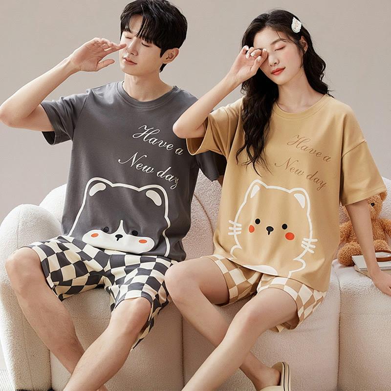 Girlfriend Boyfriend Cotton Kitty And Puppy Print T-Shirt Shorts Pajamas Set  |   Pajamas Clothing Men