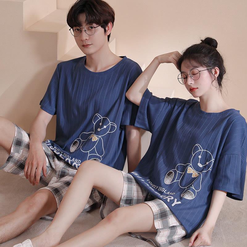 Girlfriend Boyfriend Cotton Navy Blue Cartoon Print T-Shirt Shorts Pajamas Set  |   Pajamas Clothing Men