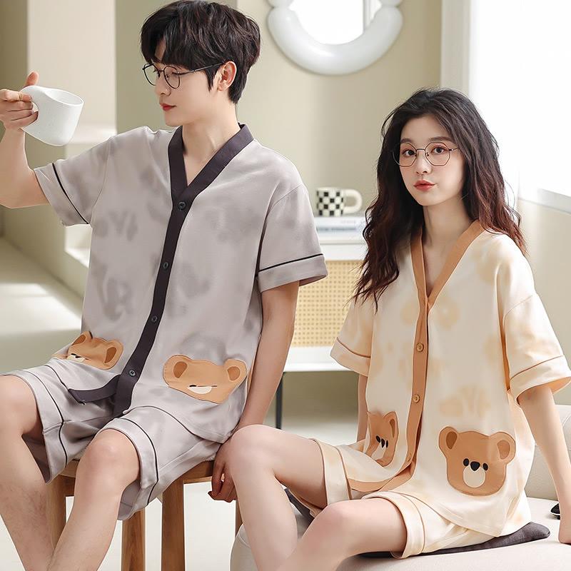 Girlfriend Boyfriend Cotton V-Neck Brown Bear Print T-Shirt Shorts Pajamas Set  |   Pajamas Clothing Men