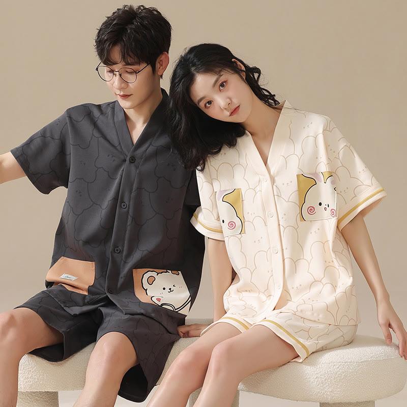 Girlfriend Boyfriend Cotton V-Neck Bunny And Bear Print T-Shirt Shorts Pajamas Set  |   Pajamas Clothing Men