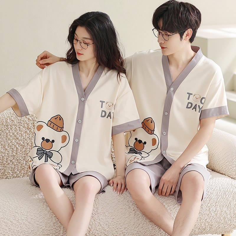 Girlfriend Boyfriend Cotton V-Neck Cartoon Print T-Shirt Shorts Pajamas Set  |   Pajamas Clothing Men