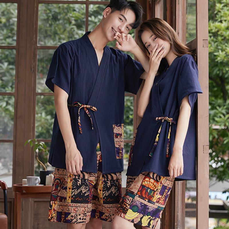 Girlfriend Boyfriend Cotton Vintage Print T-Shirt Shorts Cardigan Pajamas Set  |   Pajamas Clothing Men A