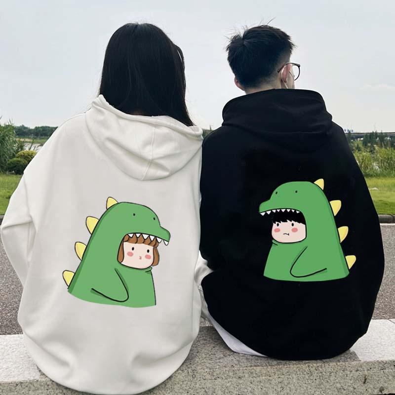 Girlfriend Boyfriend Dinosaur Print Plush Hoodie  |   Sweatshirts & Hoodies Clothing Black