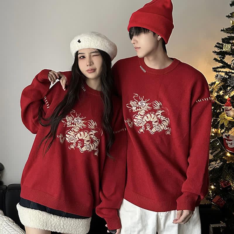 Girlfriend Boyfriend Dragon Embroidery Round Collar Sweater  |   Sweater Clothing Red