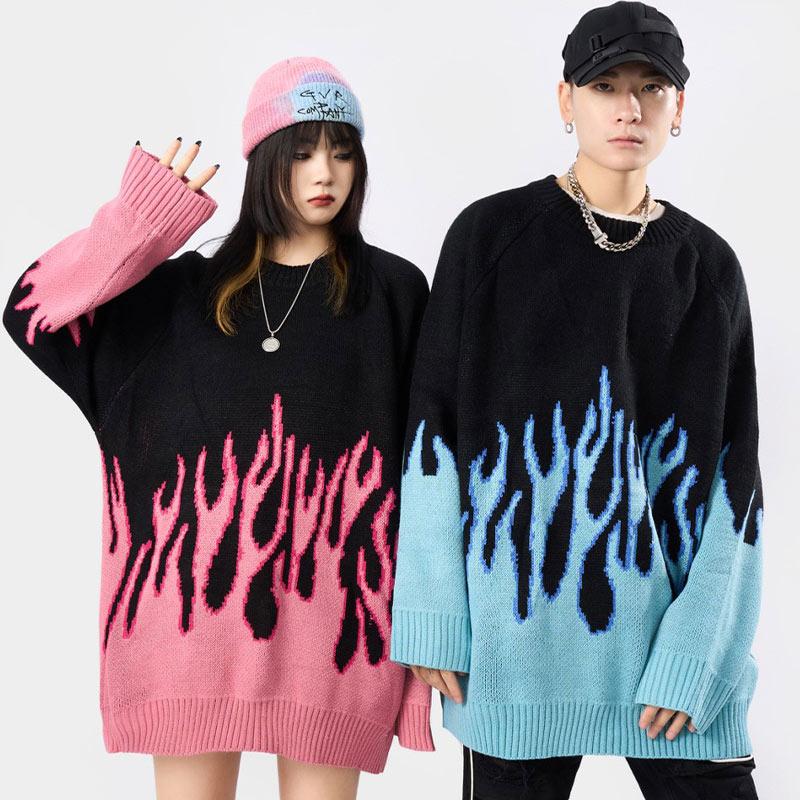 Girlfriend Boyfriend Flame Print Sweater  |   Sweater Clothing Blue