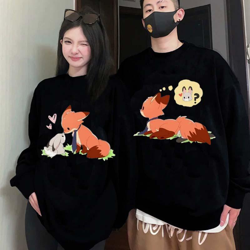 Girlfriend Boyfriend Fox Bunny Print Round Collar Sweatshirt  |   Sweatshirts & Hoodies Clothing Black A