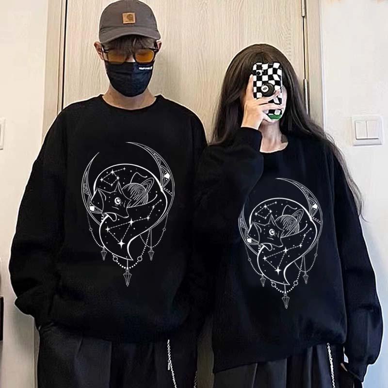 Girlfriend Boyfriend Fox Moon Print Round Collar Sweatshirt  |   Sweatshirts & Hoodies Clothing Black