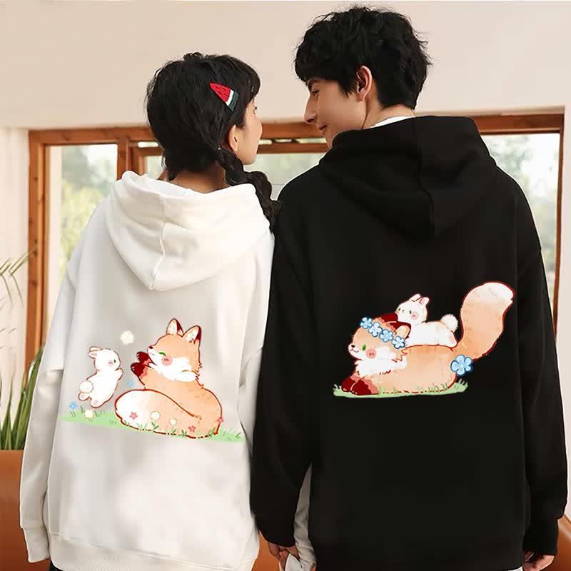 Girlfriend Boyfriend Fox Rabbit Print Loose Hoodie  |   Sweatshirts & Hoodies Clothing Black