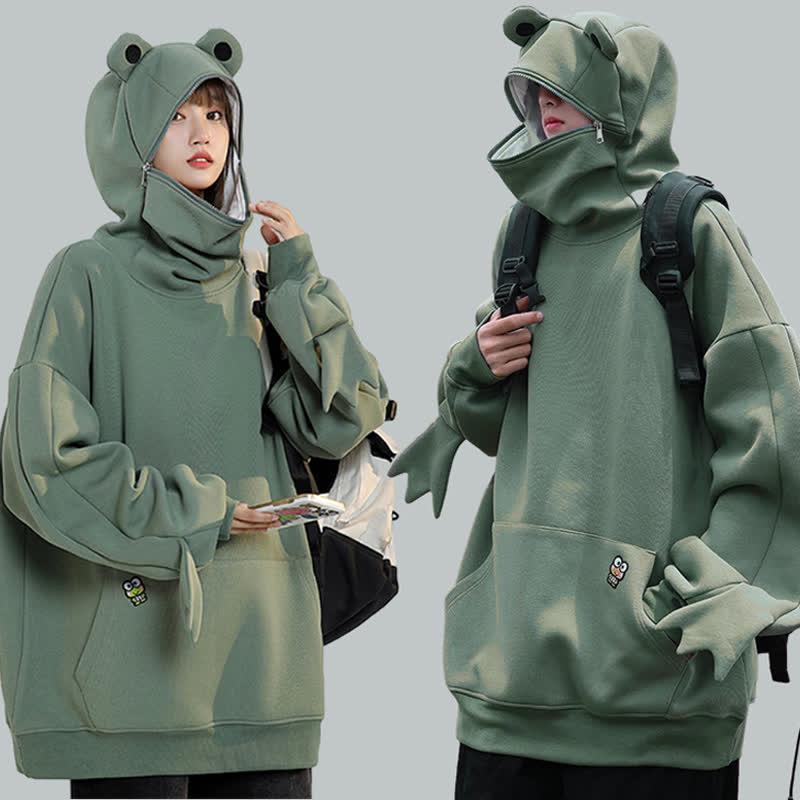 Girlfriend Boyfriend Frog Zipper Pocket Oversized Hoodie  |   Sweatshirts & Hoodies Clothing Black