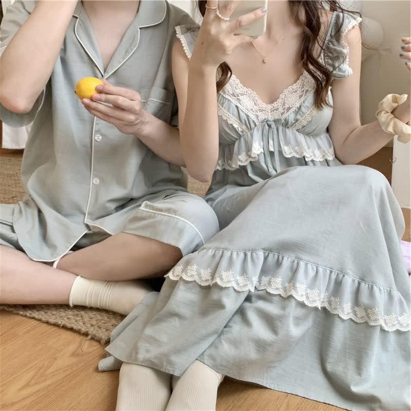 Girlfriend Boyfriend Lace Pure Color Summer Pajamas Set  |   Pajamas Clothing Dress(Women)