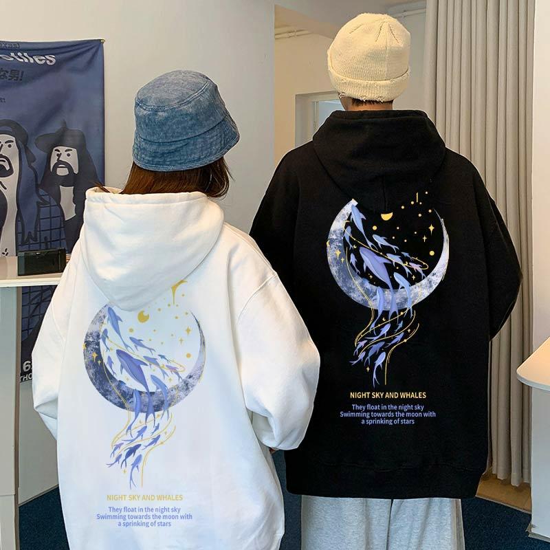 Girlfriend Boyfriend Moon Dolphin Astronaut Print Pocket Hoodie  |   Sweatshirts & Hoodies Clothing Black A