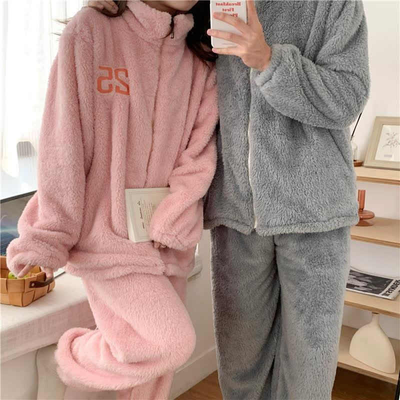 Girlfriend Boyfriend Number Embroidery Zipper Plush Pajamas Set  |   Pajamas Clothing A