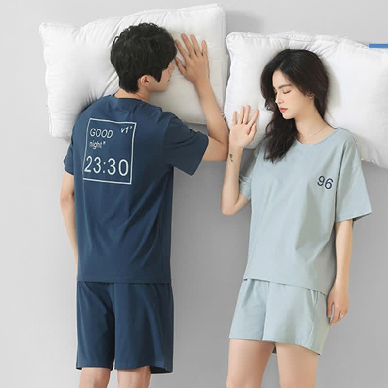 Girlfriend Boyfriend Number Print Classic Summer Cotton Pajamas Set  |   Pajamas Clothing Men-Blue