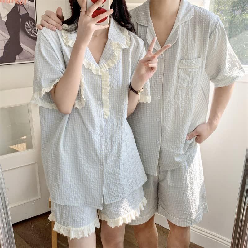 Girlfriend Boyfriend Plaid Print Lace Summer Pajamas Set  |   Pajamas Clothing Men