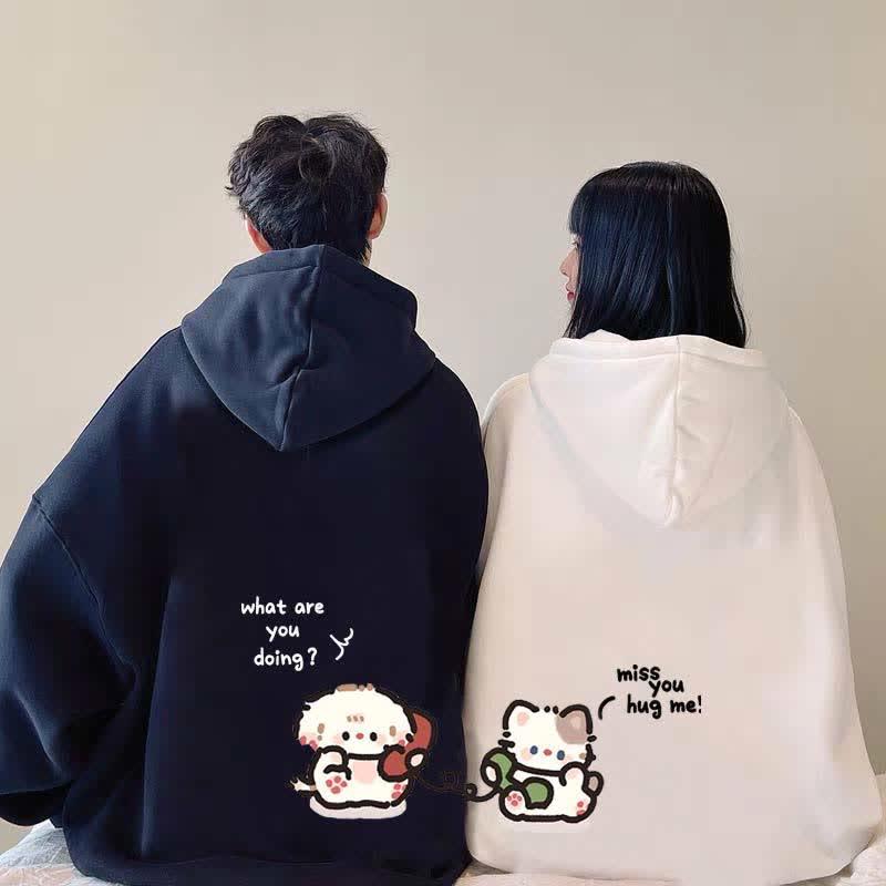 Girlfriend Boyfriend Puppy Kitty Letter Print Loose Hoodie  |   Sweatshirts & Hoodies Clothing Black