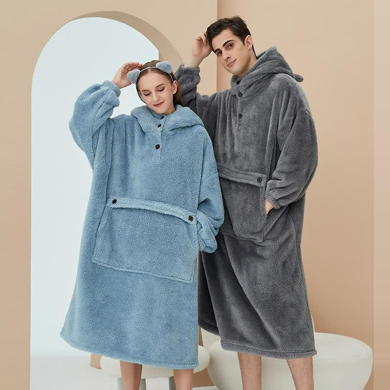 Girlfriend Boyfriend Pure Color Pocket Hooded Plush Night Robe  |   Pajamas Clothing Blue