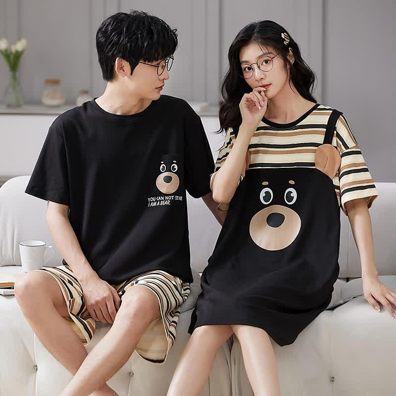 Girlfriend Boyfriend Stripe Bear Print Summer Cotton Pajamas Set  |   Pajamas Clothing Men