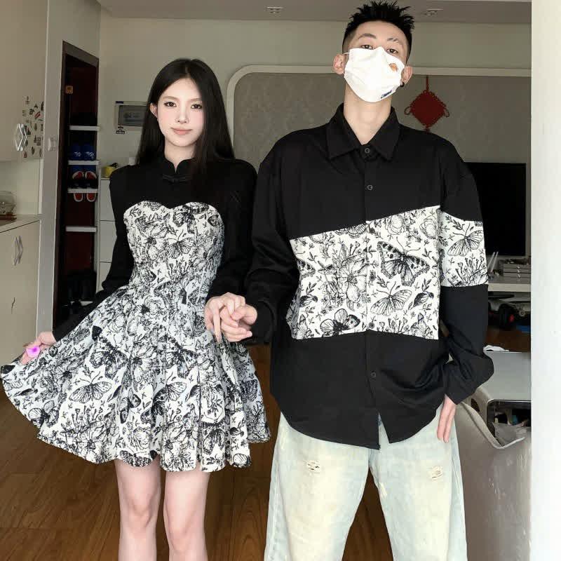 Girlfriend Boyfriend Vintage Butterfly Print Cheongsam Dress Long Sleeve Polo Shirt  |   T-Shirts Clothing Dress(Women)