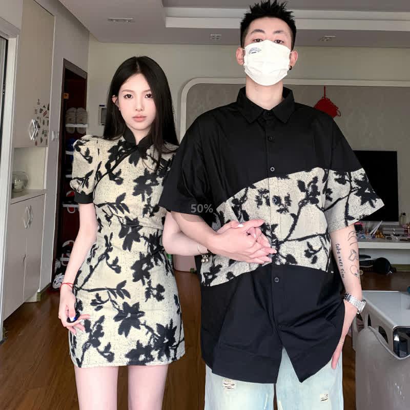 Girlfriend Boyfriend Vintage Floral Print Cheongsam Dress Polo T-Shirt  |   T-Shirts Clothing Dress(Women)